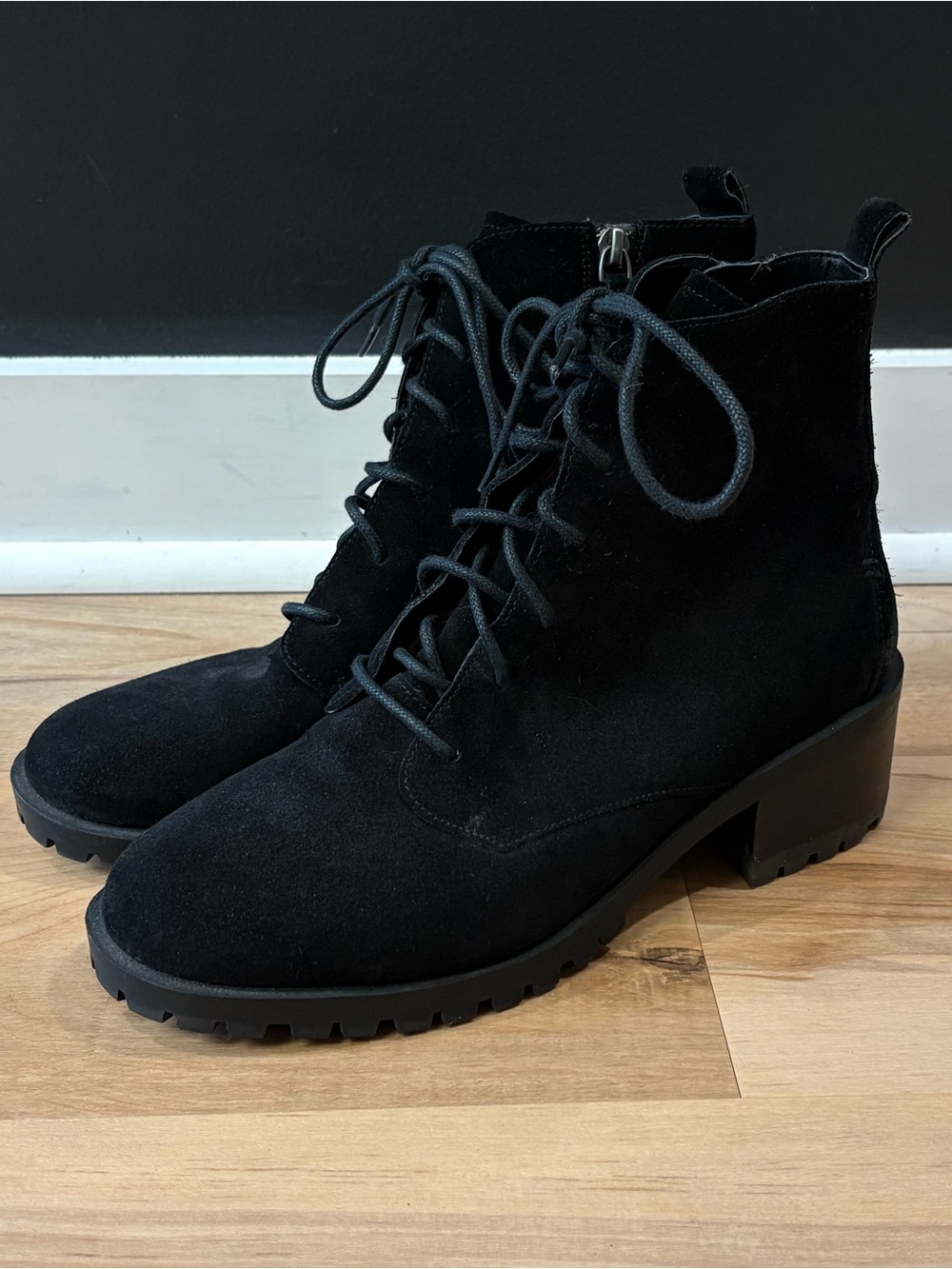 Black Suede Lace-Up Block Heel Ankle Boots - Women- water proof